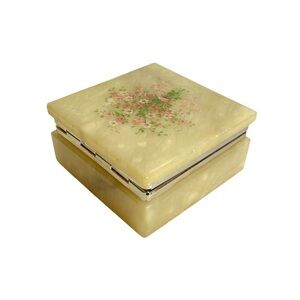 Vintage 1950s Floral Alabaster Trinket Jewelry Holder Box Hand Carved in Italy